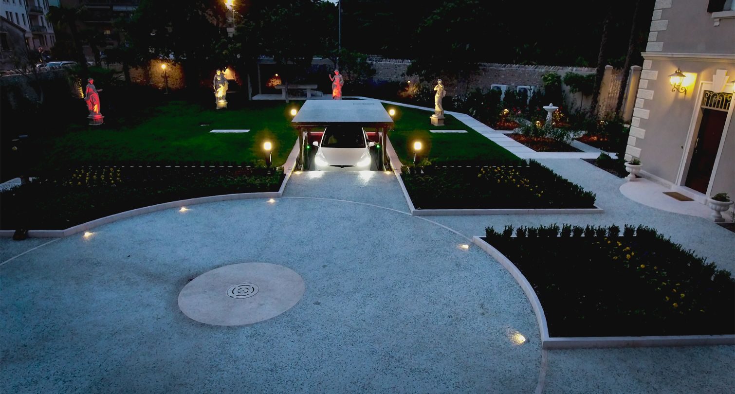 carlift raising at nighttime in the garden.