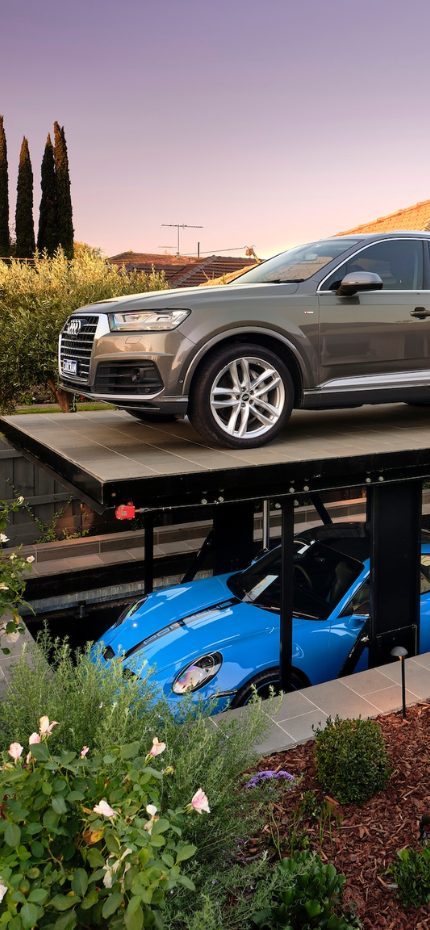 CarSafe underground car storage system installed in Coburg residential home and IdealPark IP1-HMT V08 residential car lift, Province of Verona, Italy